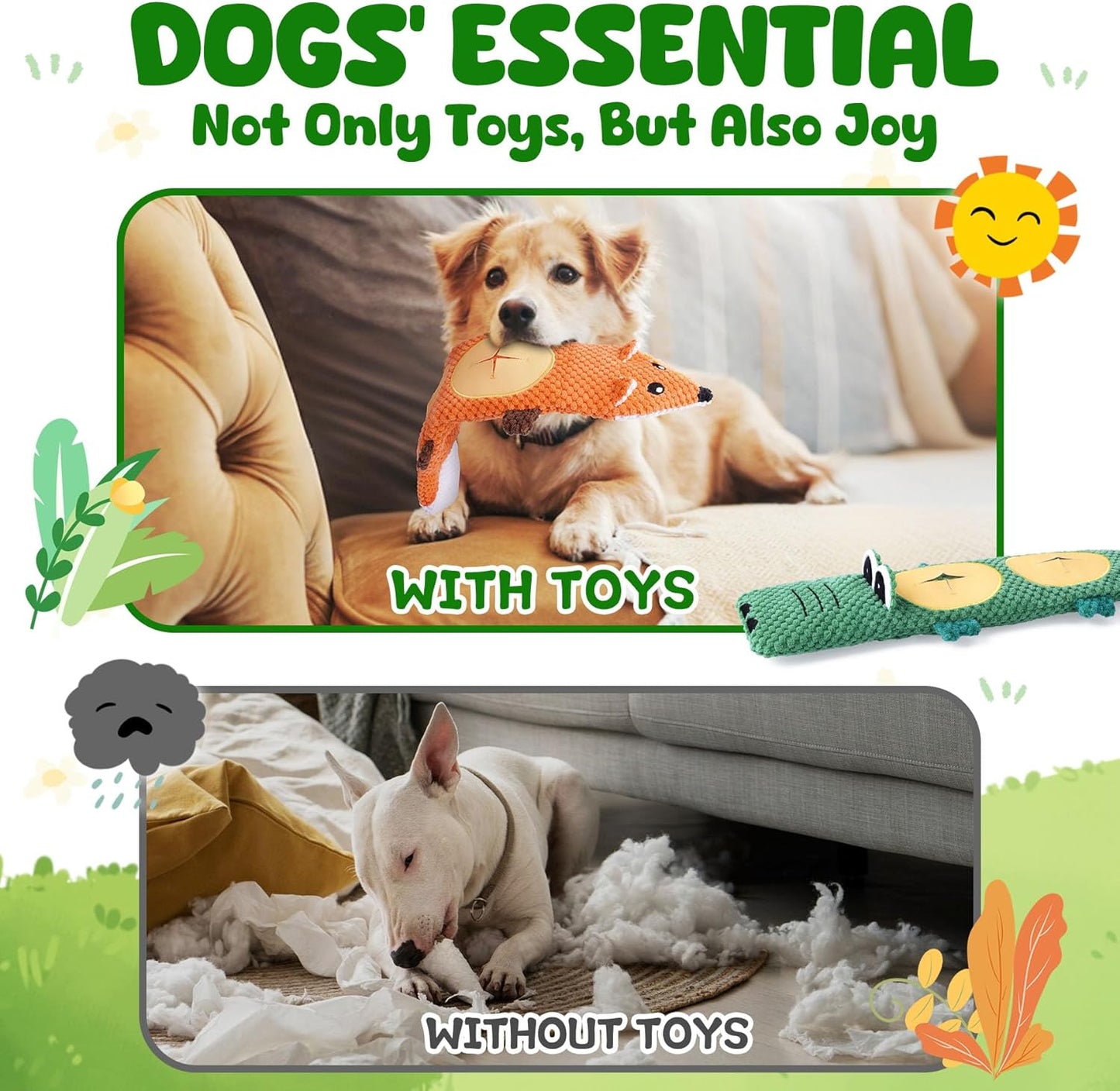 Durable Dog Chew Toys 3 Pack – Squeaky, No Stuffing, for Small & Medium Dogs